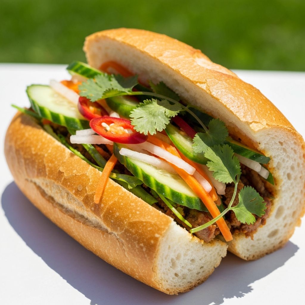 Vietnamese banh mi sandwich cut in half showing colourful pickled vegetables and fresh herbs