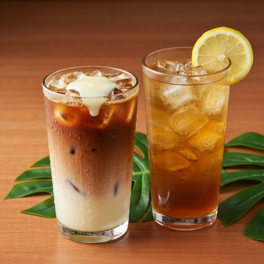Vietnamese iced tea and iced coffee with condensed milk in tall glasses