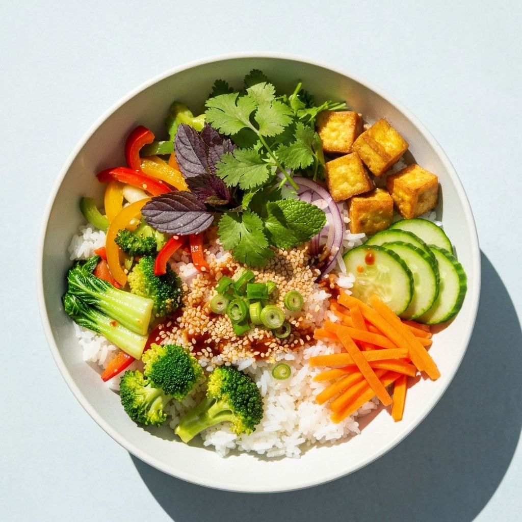 Vietnamese rice bowl with colourful toppings of vegetables and tofu