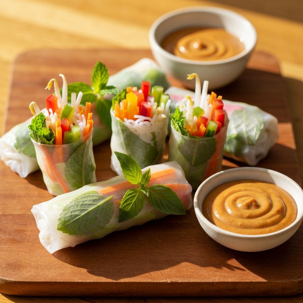 Translucent Vietnamese rice paper rolls showing fresh vegetables and herbs inside